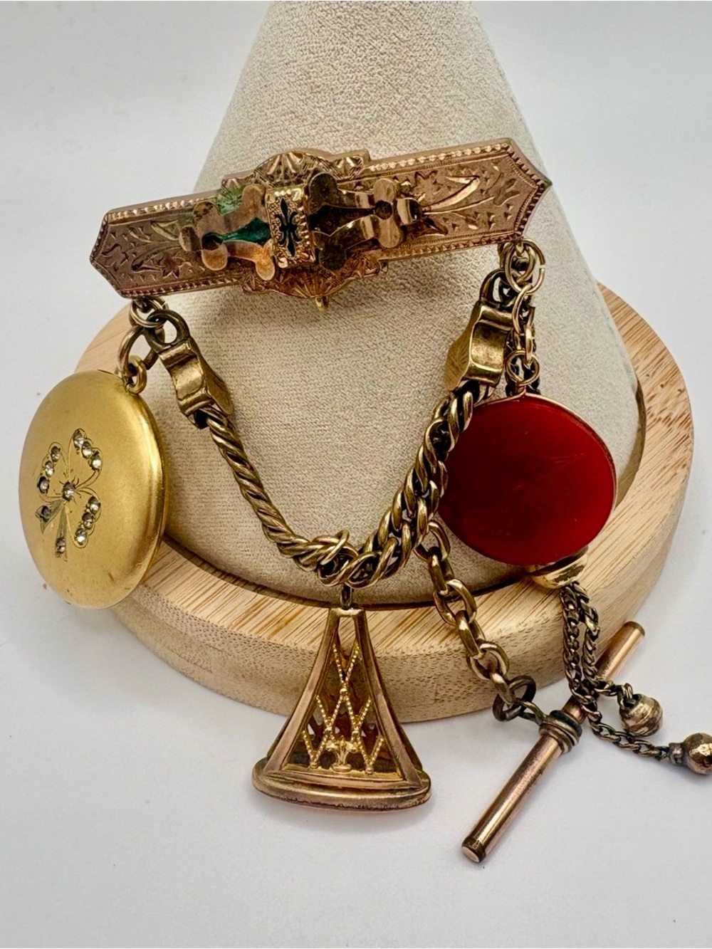 Antique Victorian 19thC Gold Chatelaine Brooch Locket Carnelian Fob Pin